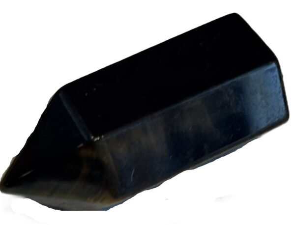 Natural blue and gold tigers eye crystal point tower 1 sians emporium Polished dual tone blue and gold tigers eye crystal point standing upright showing golden chatoyant bands and dark blue black tones on a white background